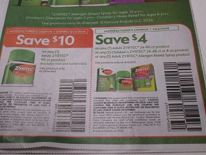 15 Coupons $10/1 Zyrtec 90ct 9/27/2026 + 4/1 Zyrtec 10/3/2026